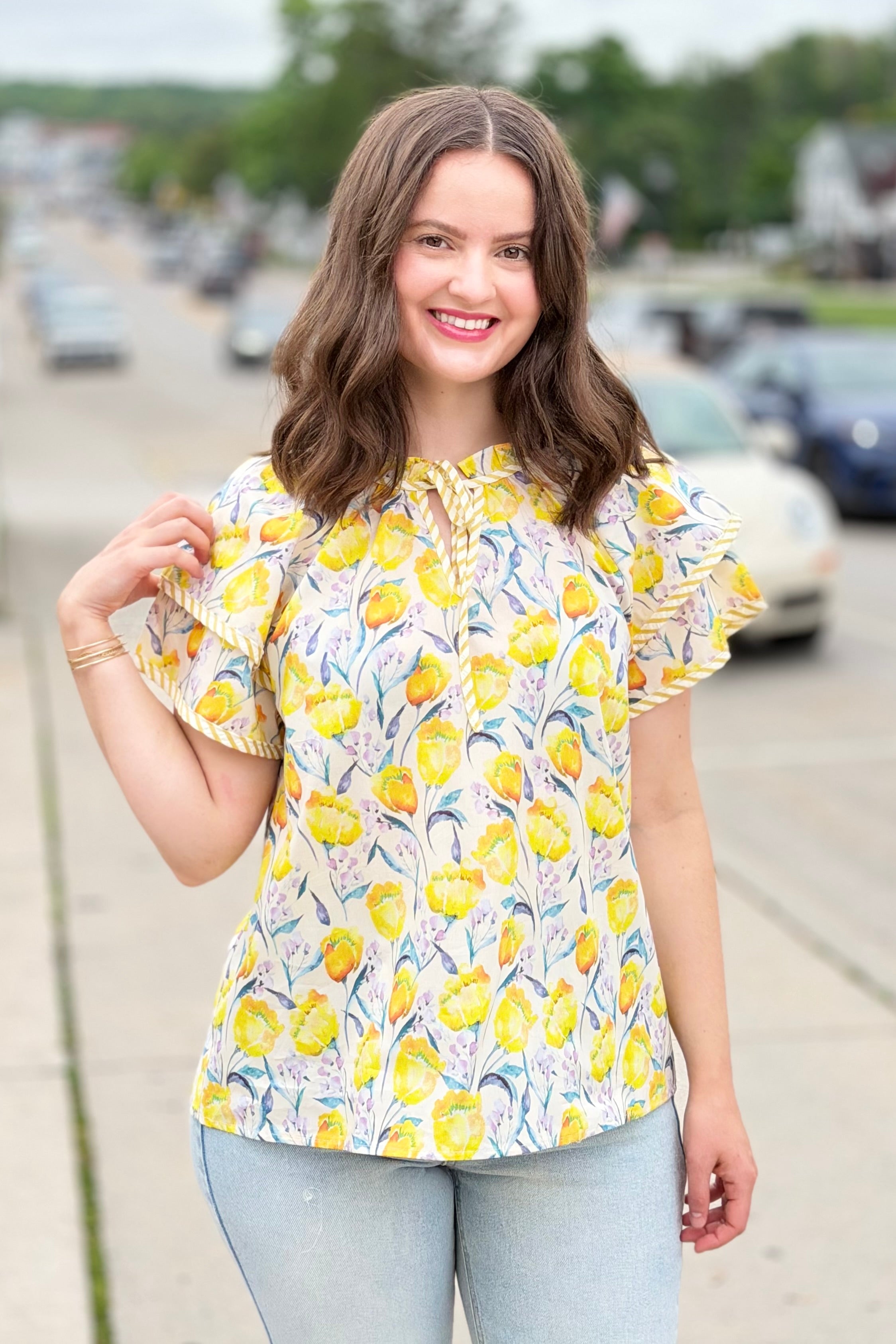 Double Sleeve Floral Print Top - Yellow