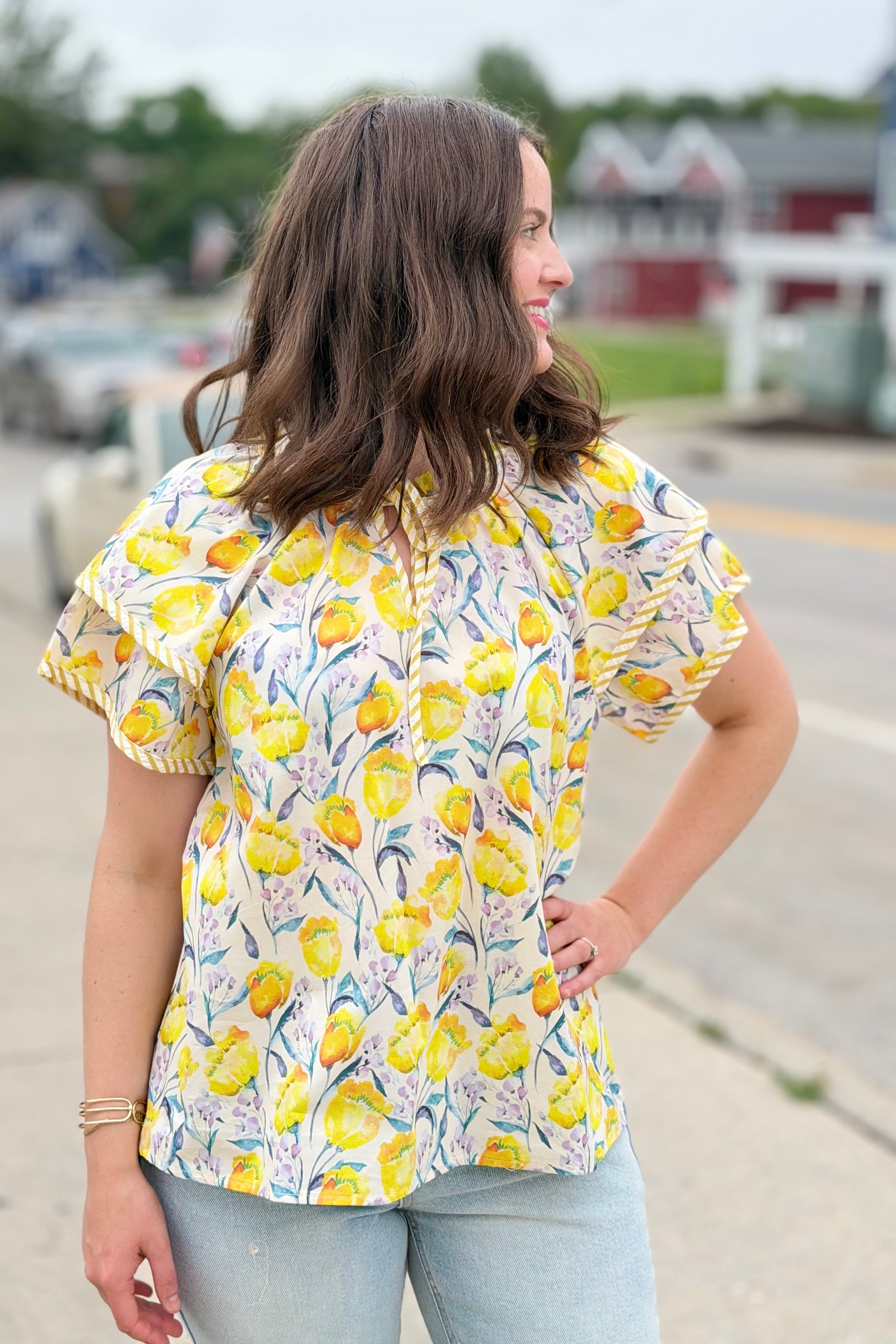 Double Sleeve Floral Print Top - Yellow