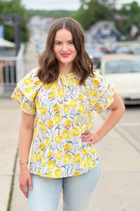 Double Sleeve Floral Print Top - Yellow