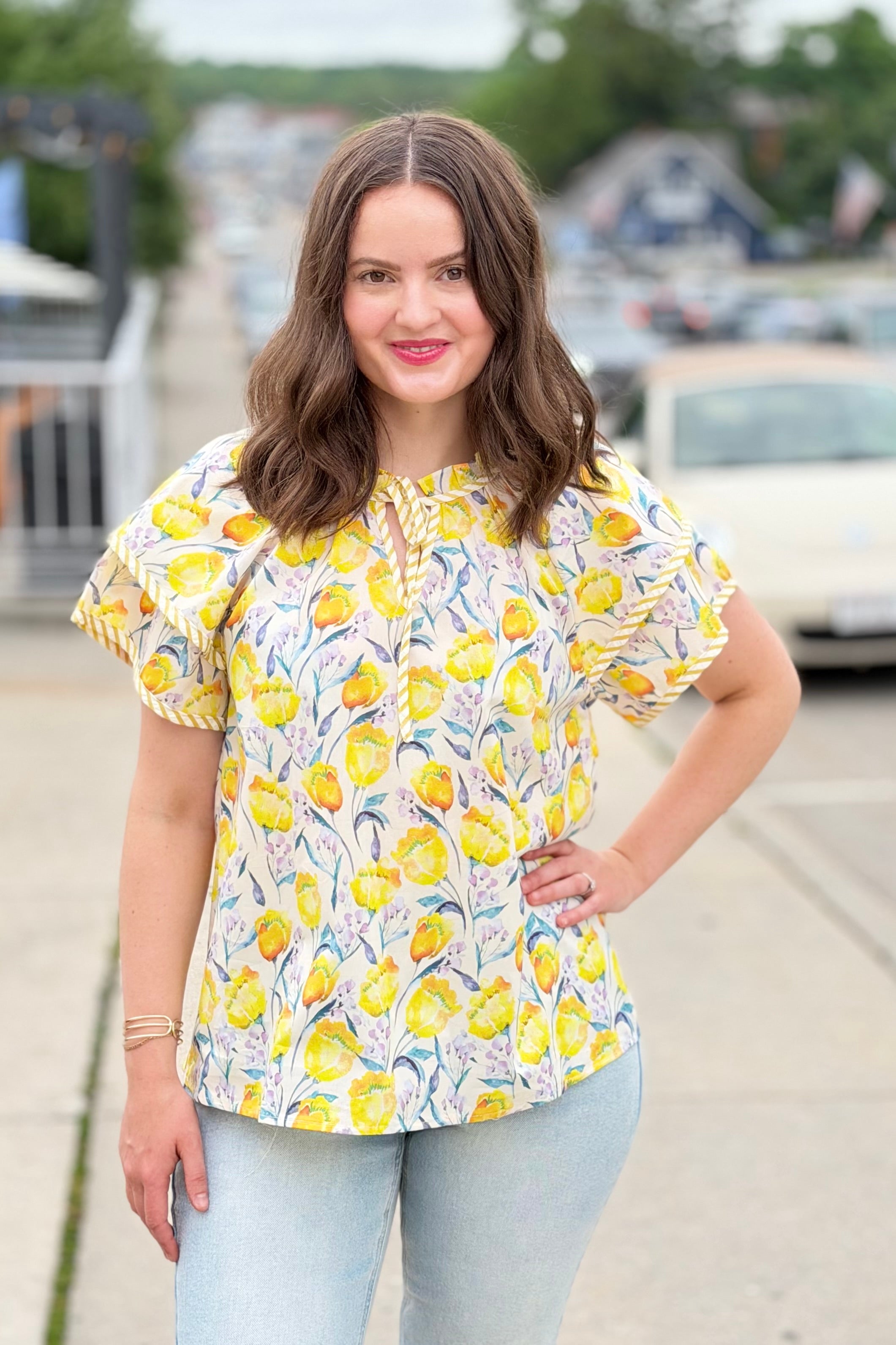 Double Sleeve Floral Print Top - Yellow