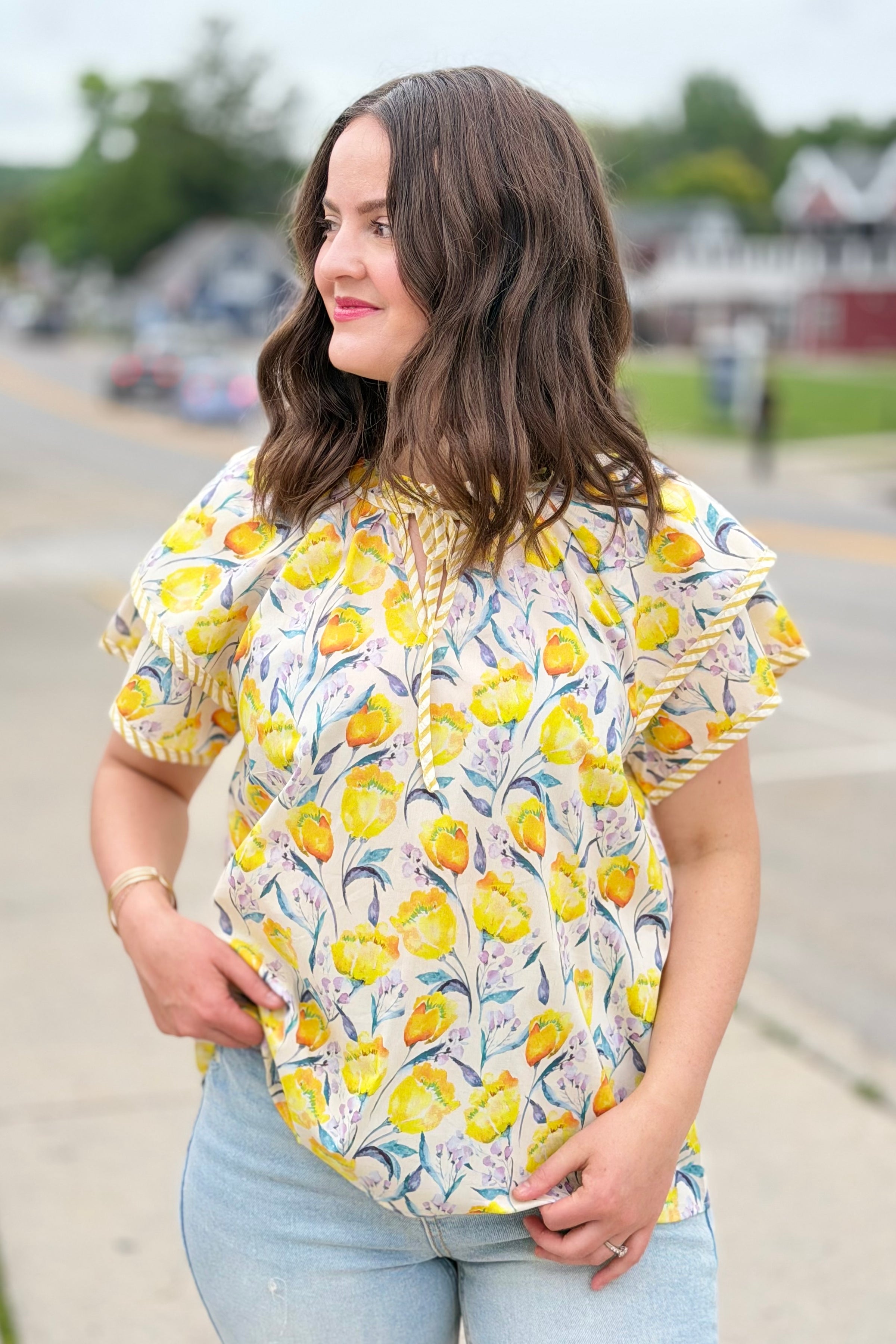 Double Sleeve Floral Print Top - Yellow