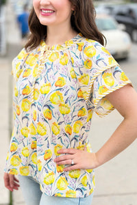 Double Sleeve Floral Print Top - Yellow