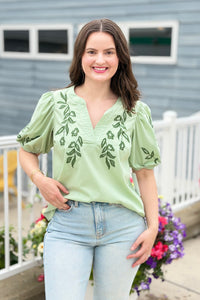 Embroidered Peasant Blouse - Sage