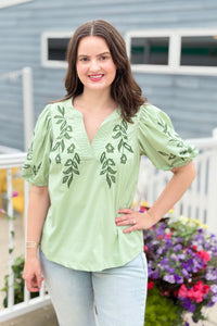 Embroidered Peasant Blouse - Sage