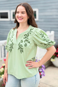 Embroidered Peasant Blouse - Sage