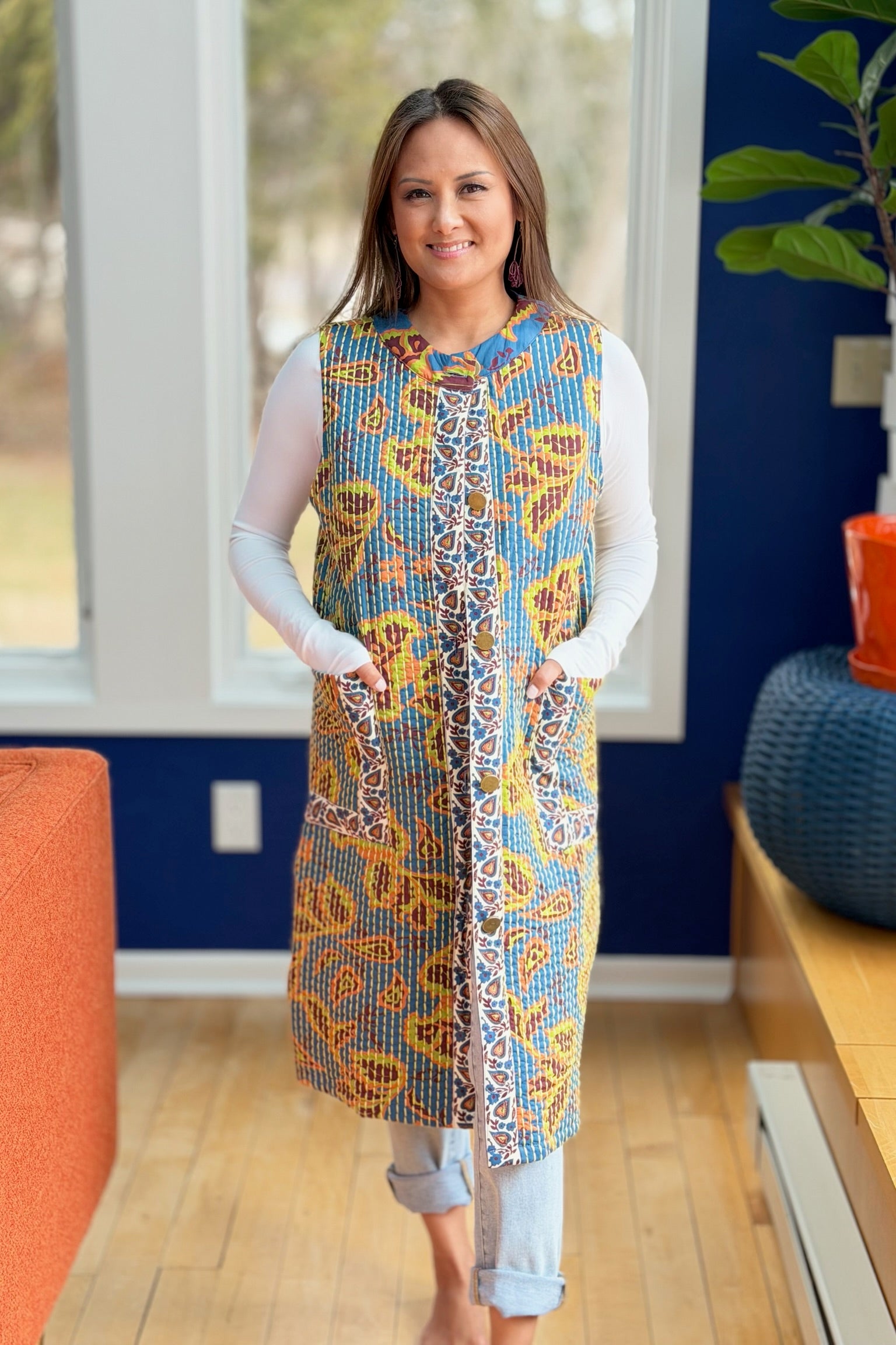 Bold Printed Sleeveless Long Vest