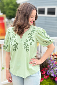 Embroidered Peasant Blouse - Sage