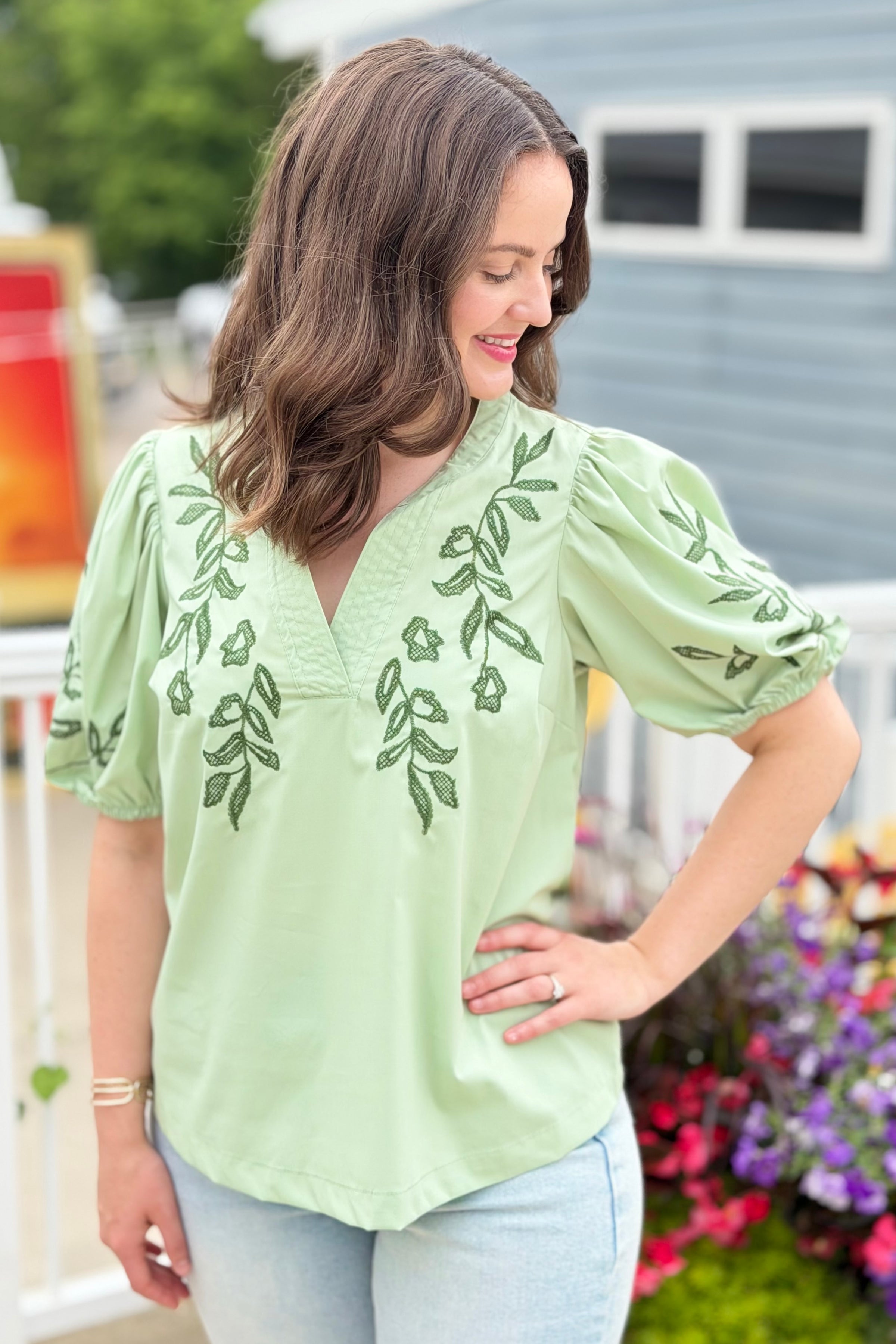 Embroidered Peasant Blouse - Sage