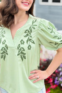 Embroidered Peasant Blouse - Sage