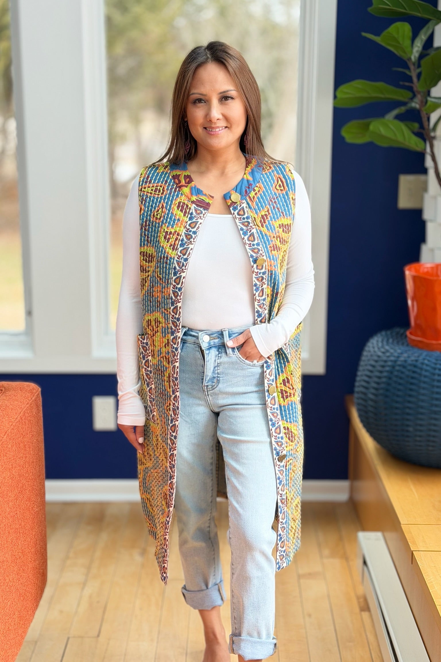 Bold Printed Sleeveless Long Vest