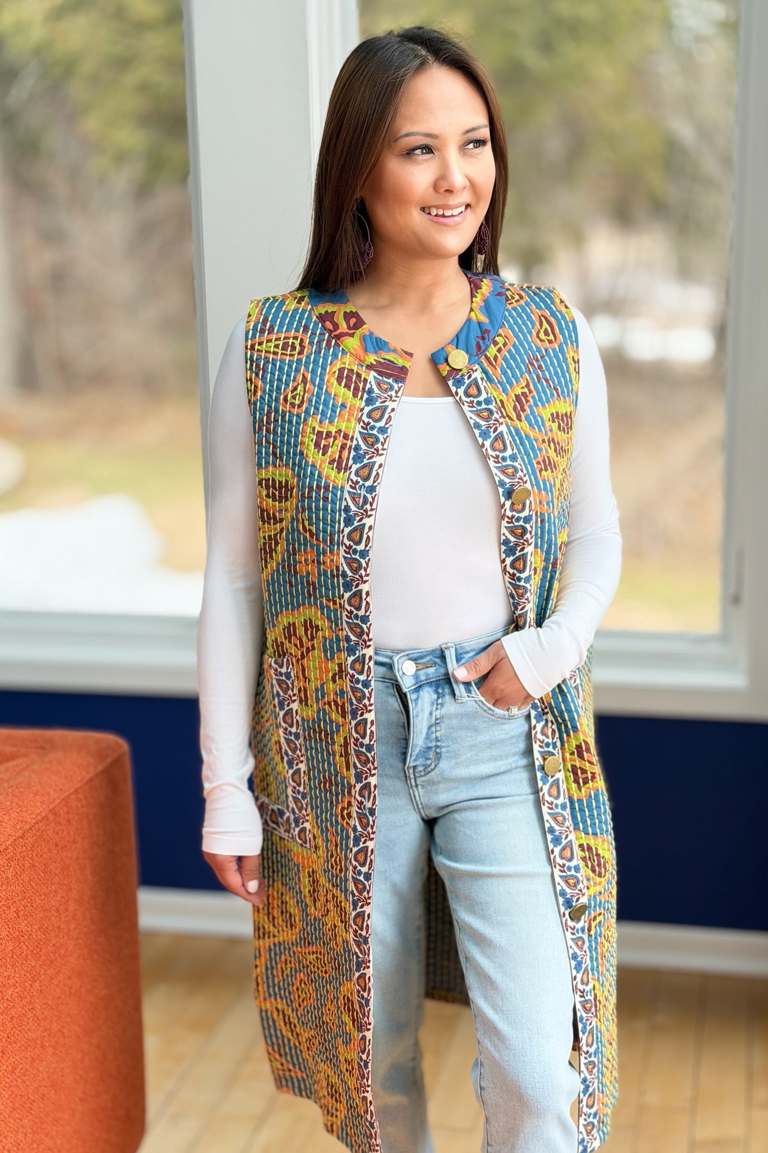 Bold Printed Sleeveless Long Vest