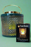 A rechargeable, battery powered flameless candle in a decorative lantern.