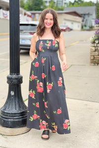 Floral Spaghetti Strap Maxi Dress - Black
