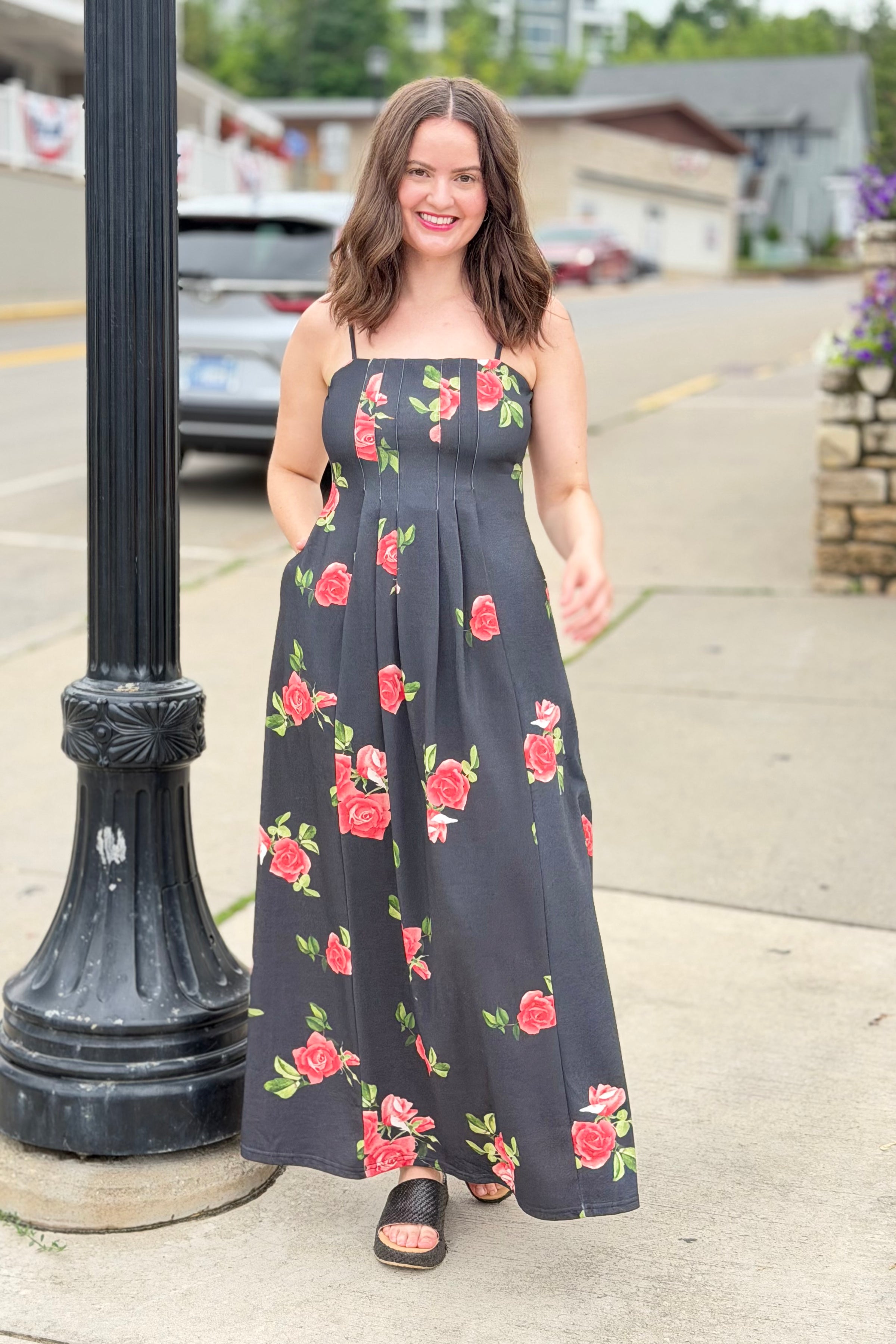 Floral Spaghetti Strap Maxi Dress - Black