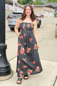 Floral Spaghetti Strap Maxi Dress - Black