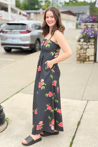 Floral Spaghetti Strap Maxi Dress - Black