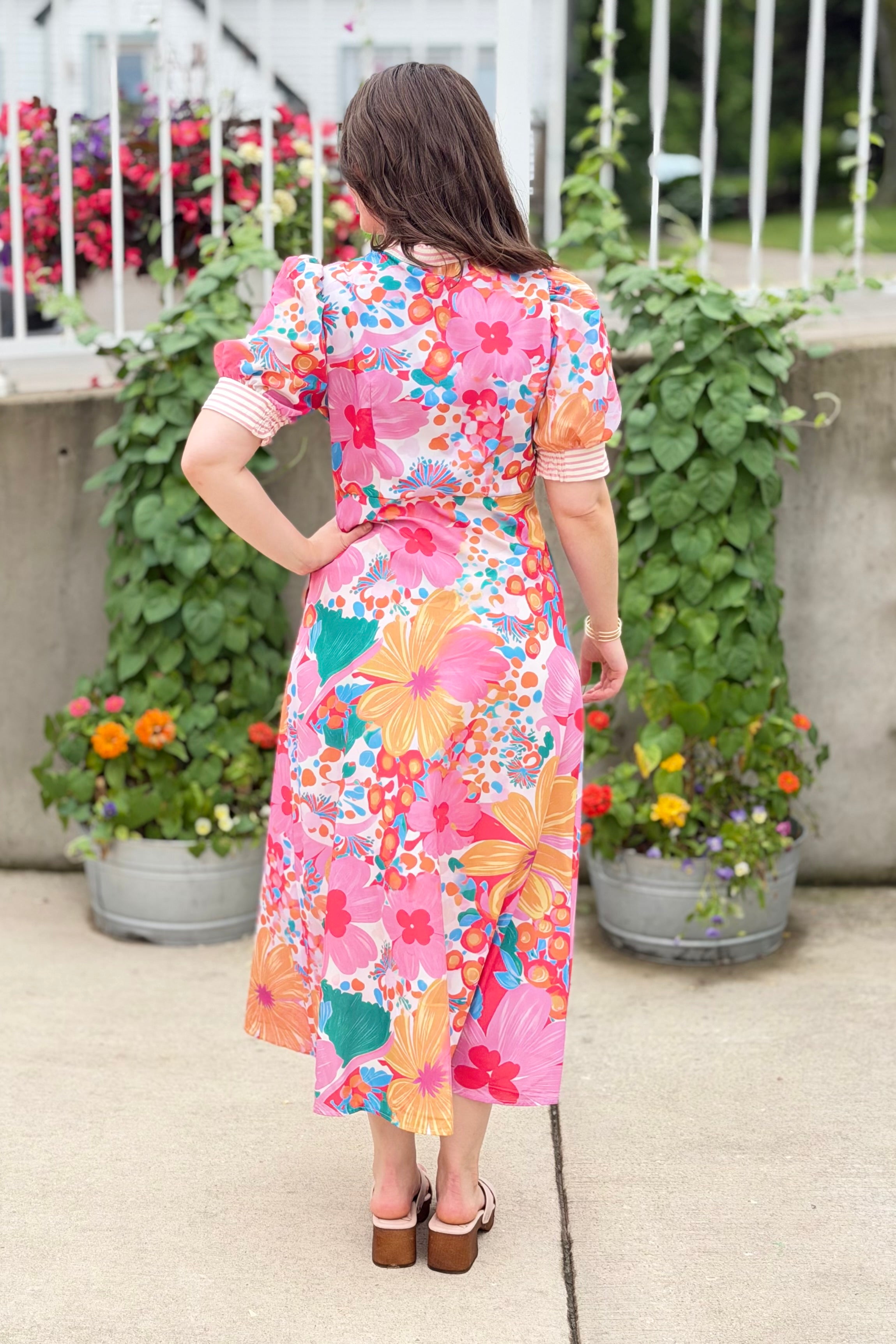 Floral Striped Trim Dress