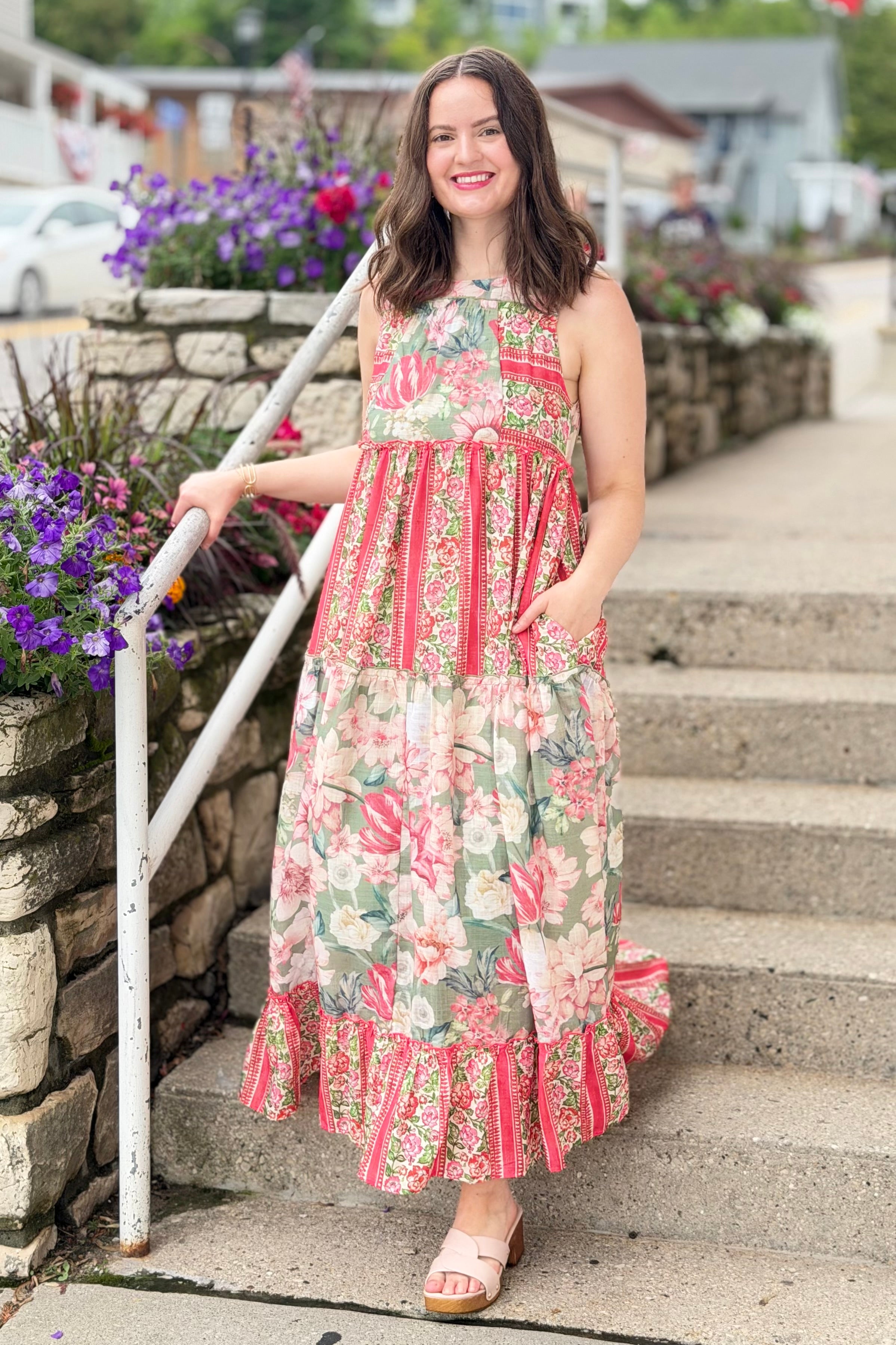 Floral Blocked Tiered Maxi Dress