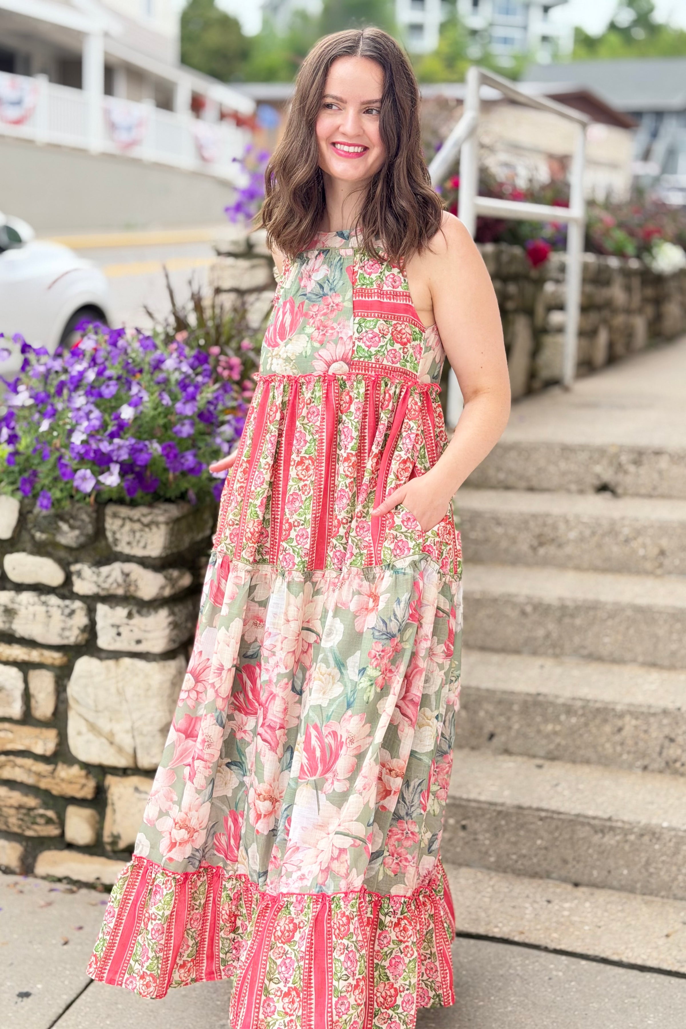 Floral Blocked Tiered Maxi Dress