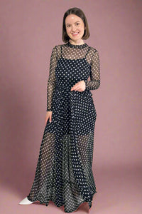 Polka Dot Print Mesh Maxi Dress - Black
