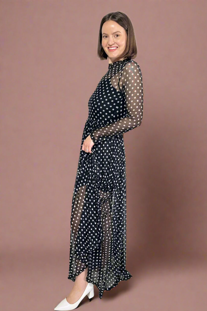 Polka Dot Print Mesh Maxi Dress - Black