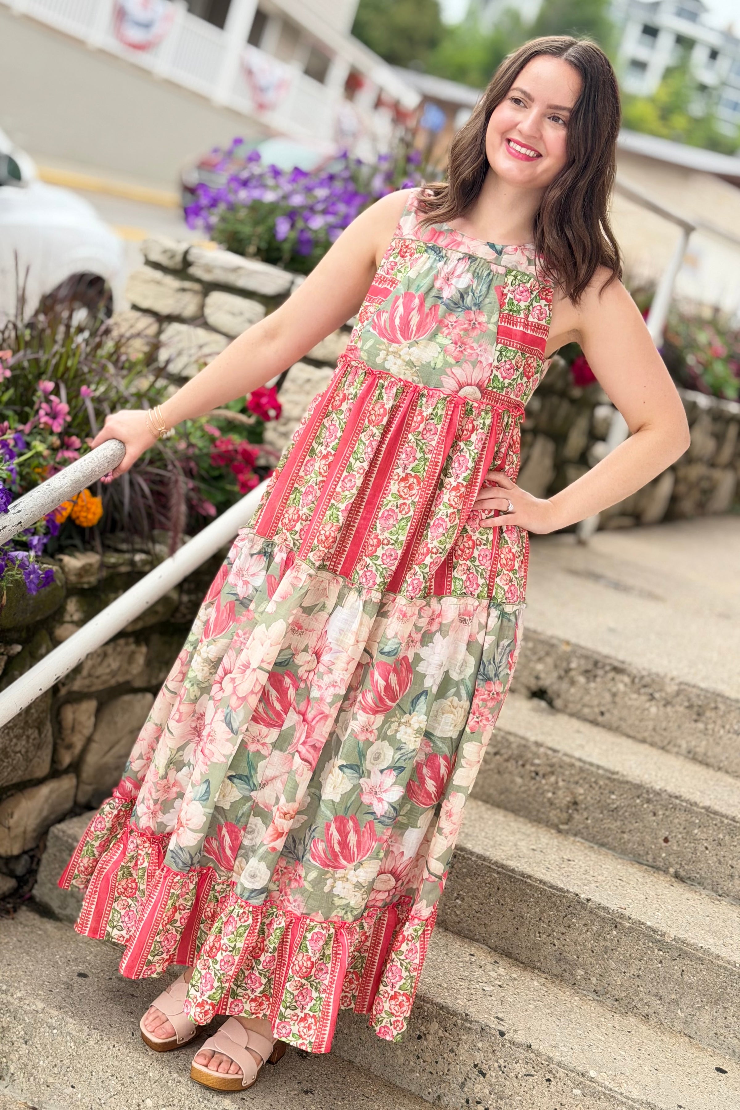 Floral Blocked Tiered Maxi Dress