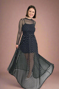 Polka Dot Print Mesh Maxi Dress - Black