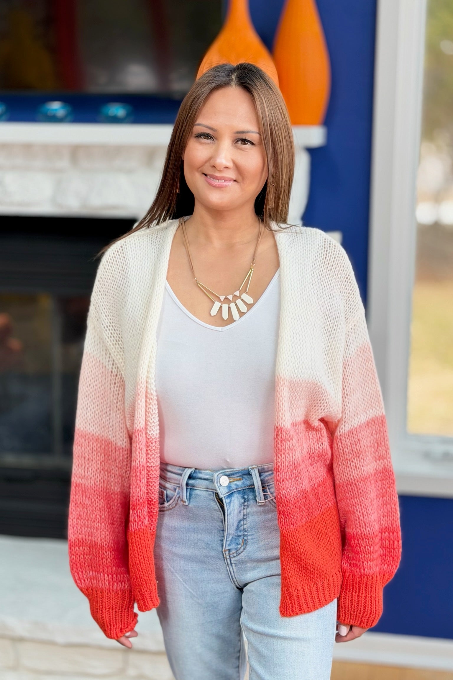 Loose Knit Open Cardigan - Red Ombre