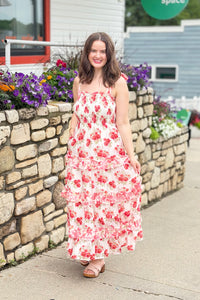 Garden Floral Ruffle Smock Shoulder Midi Dress