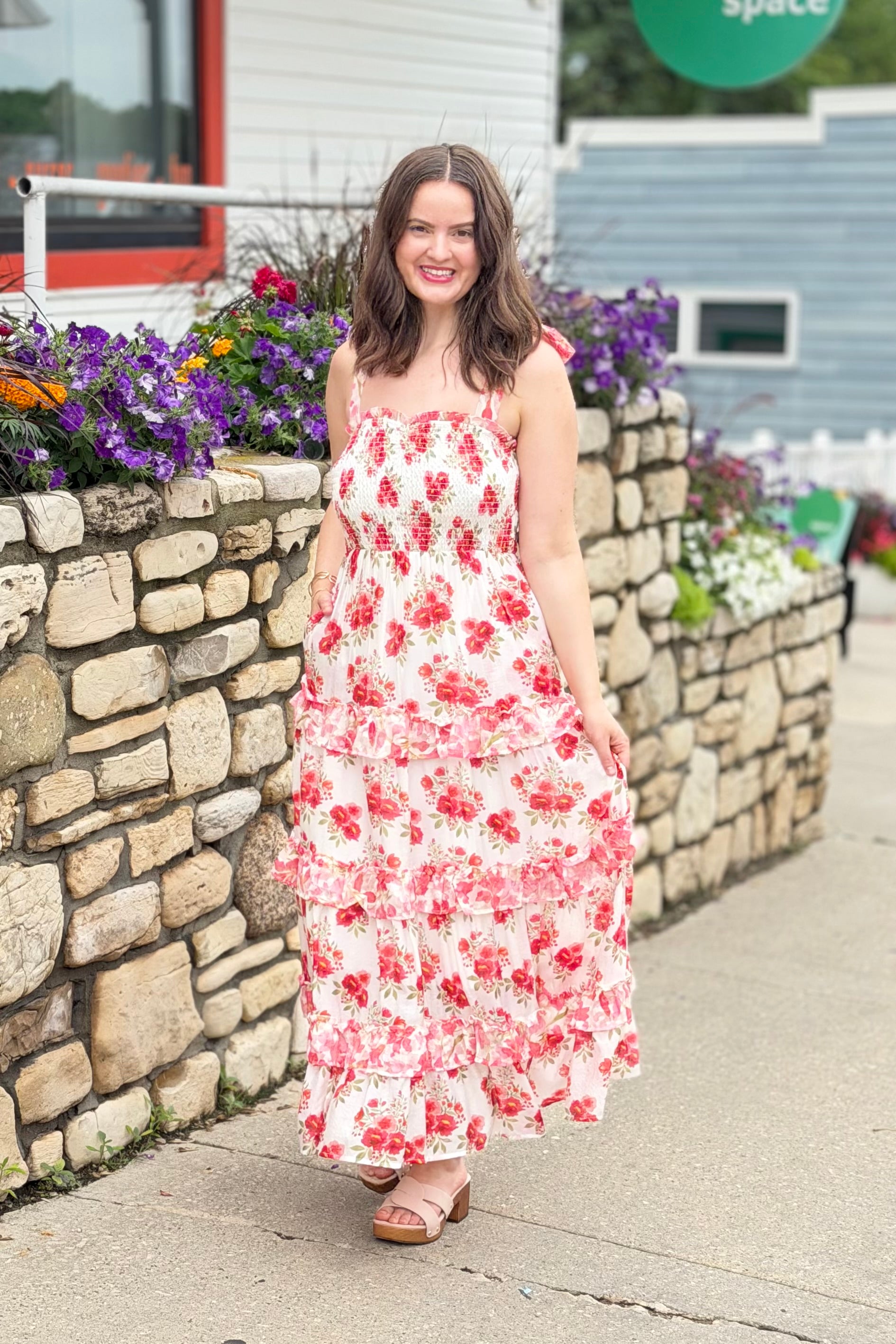 Garden Floral Ruffle Smock Shoulder Midi Dress