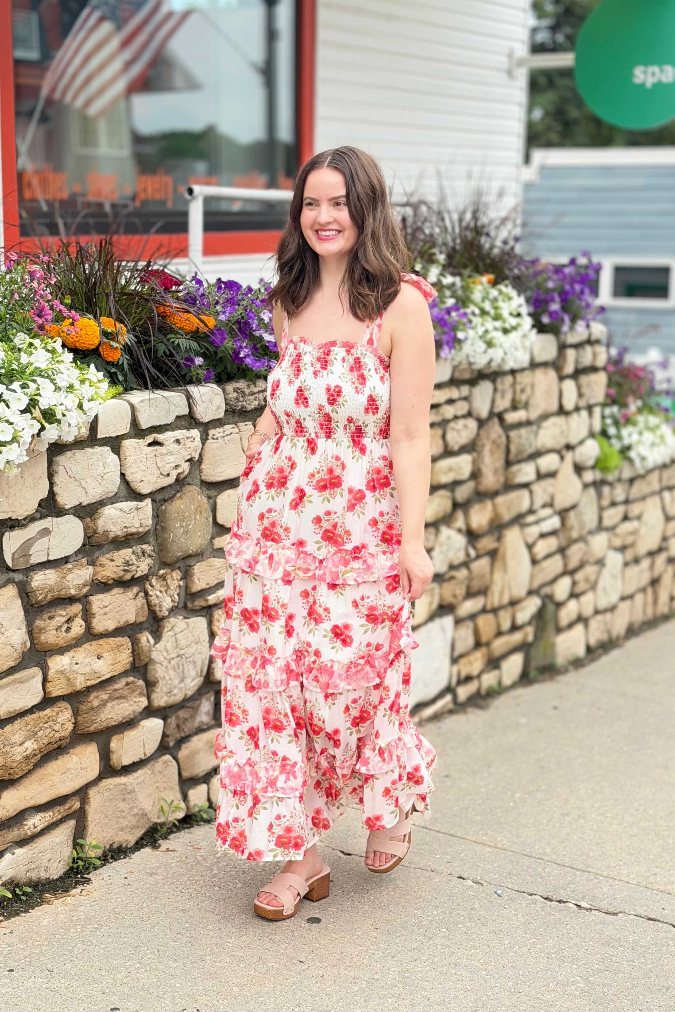 Garden Floral Ruffle Smock Shoulder Midi Dress