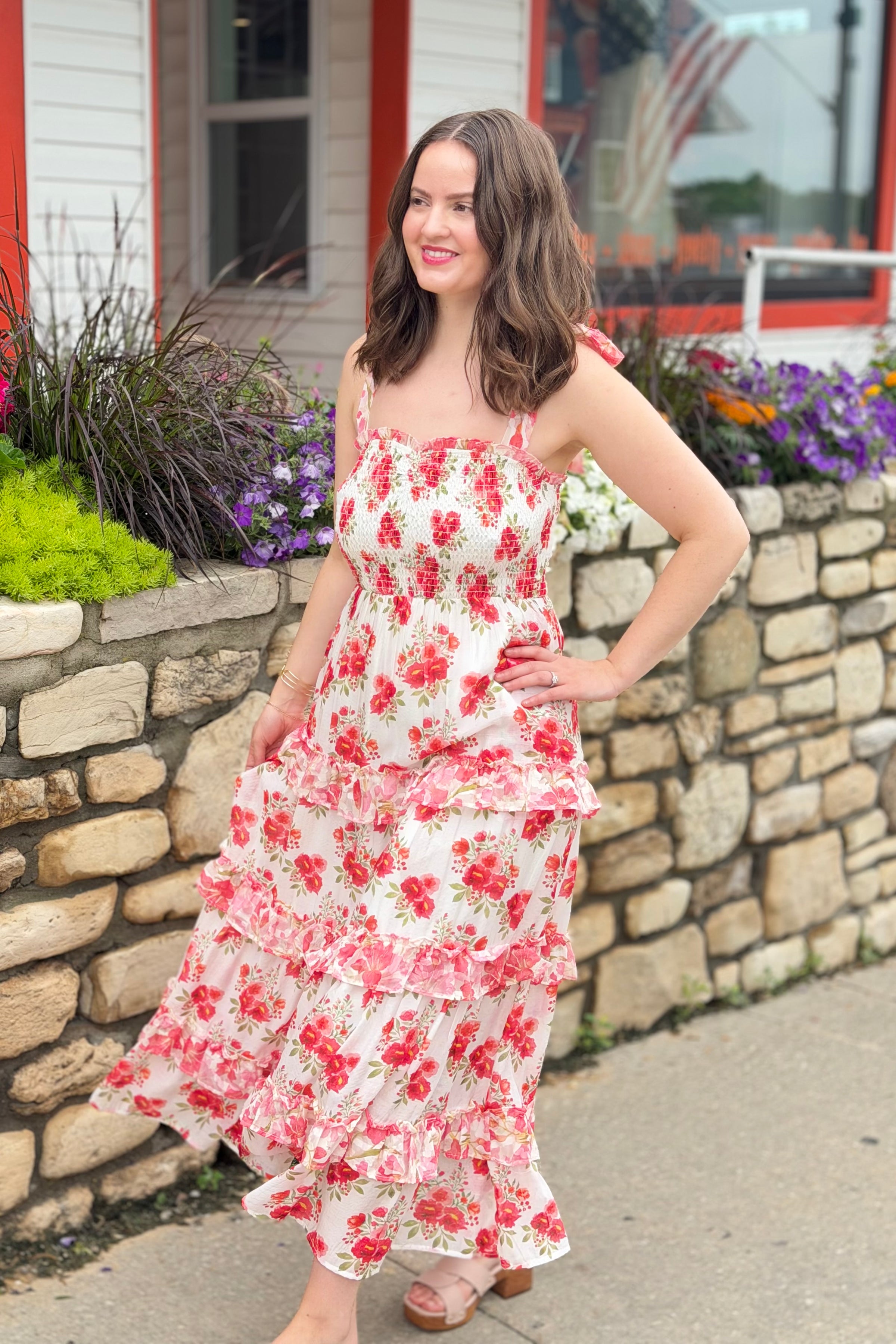 Garden Floral Ruffle Smock Shoulder Midi Dress