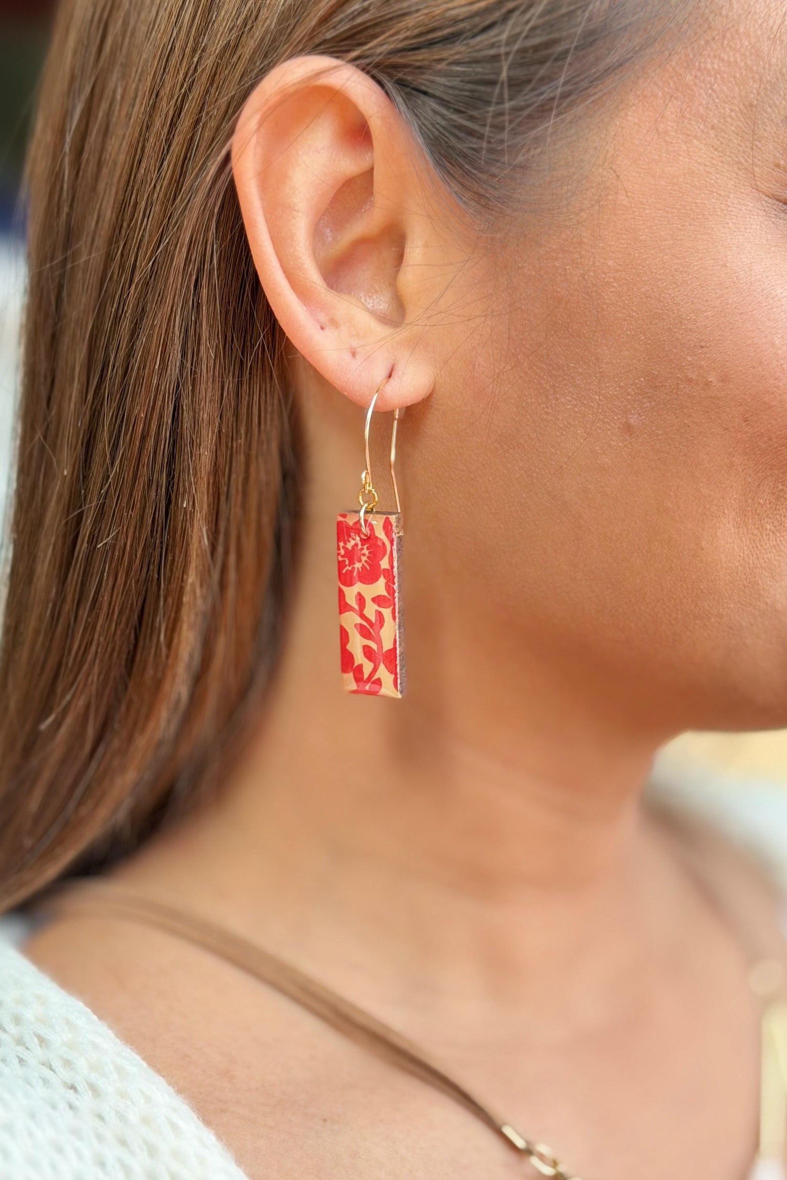Graphic Red Floral Rectangle Earrings