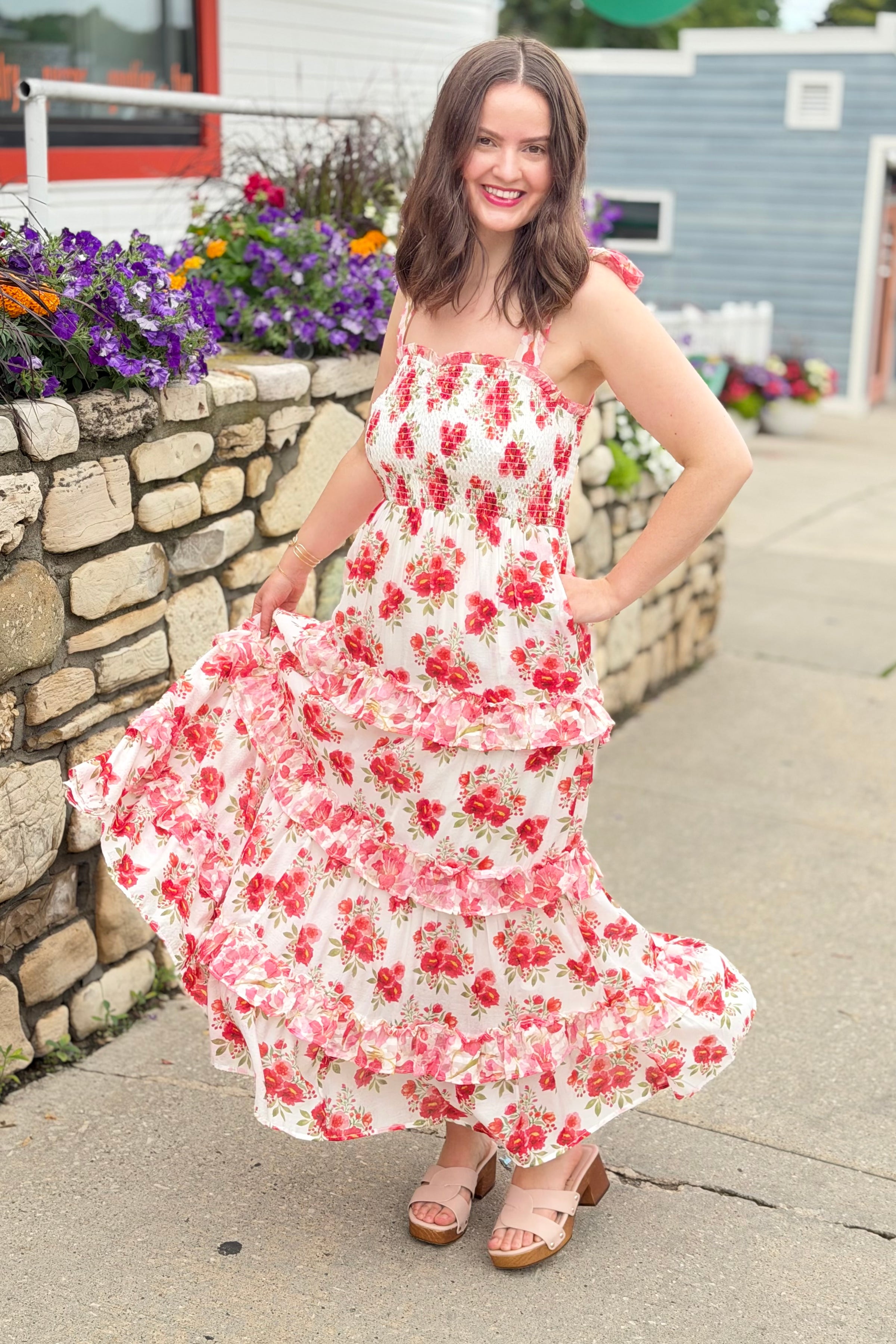 Garden Floral Ruffle Smock Shoulder Midi Dress