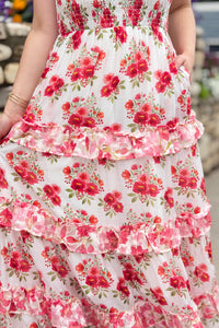 Garden Floral Ruffle Smock Shoulder Midi Dress