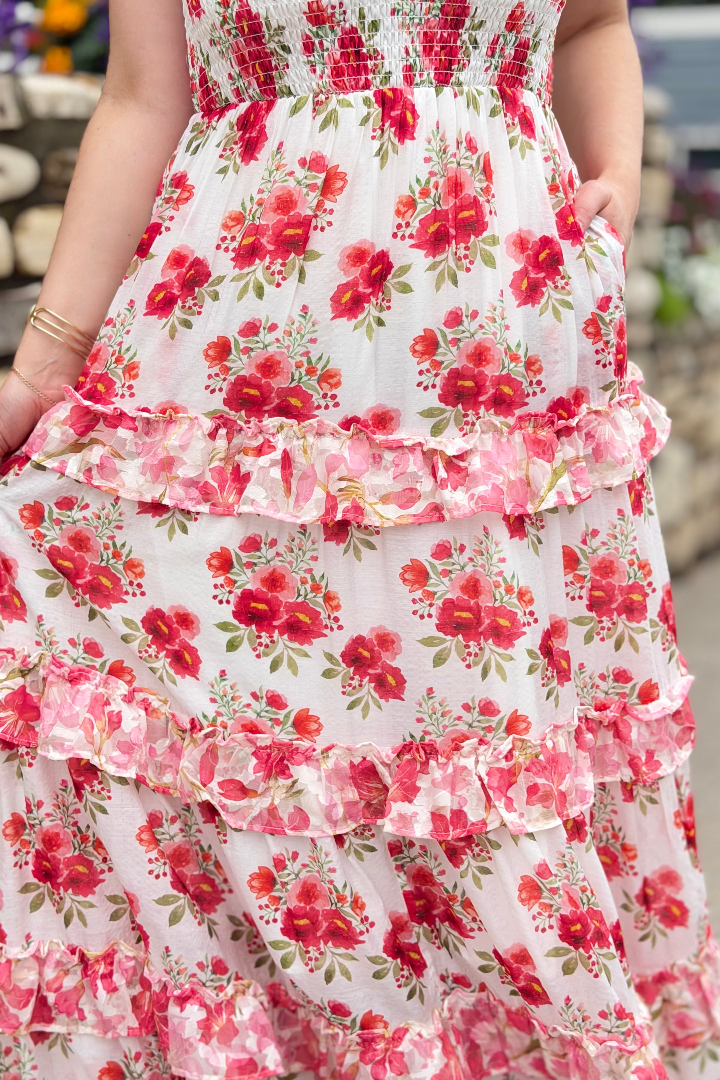 Garden Floral Ruffle Smock Shoulder Midi Dress