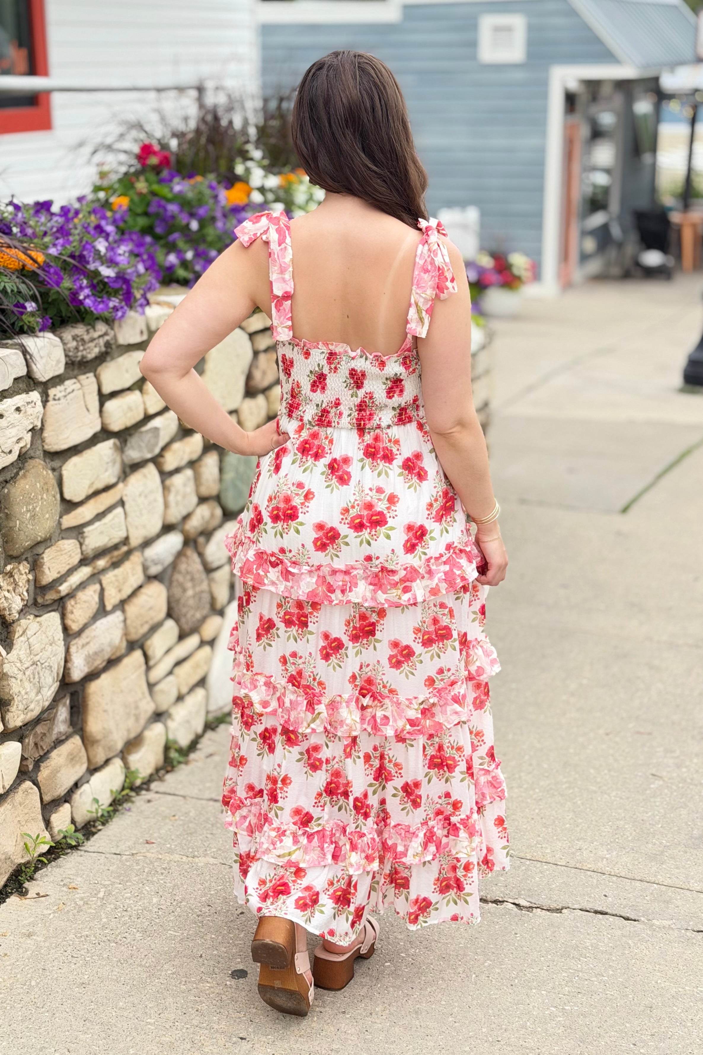 Garden Floral Ruffle Smock Shoulder Midi Dress
