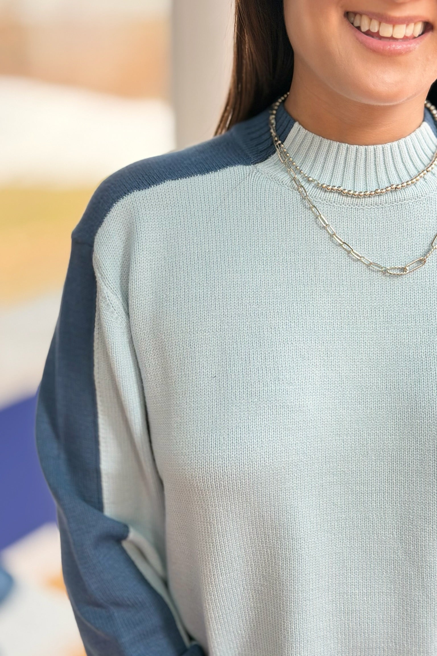 Two Tone Lightweight Sweater - Light Teal