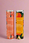 A 10 oz candle in citrus scents and seltzer inspired containers. Scents include ruby pomelo and Moro orange.