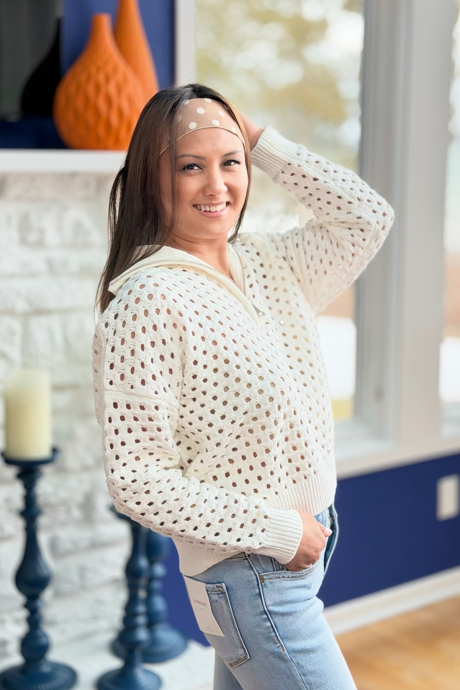 Open Knit Quarter Zip Sweater - White