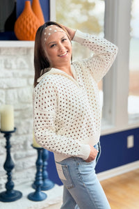 Open Knit Quarter Zip Sweater - White