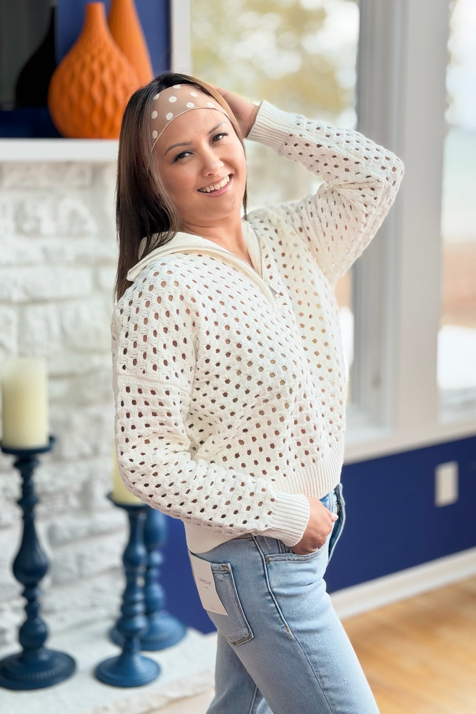 Open Knit Quarter Zip Sweater - White