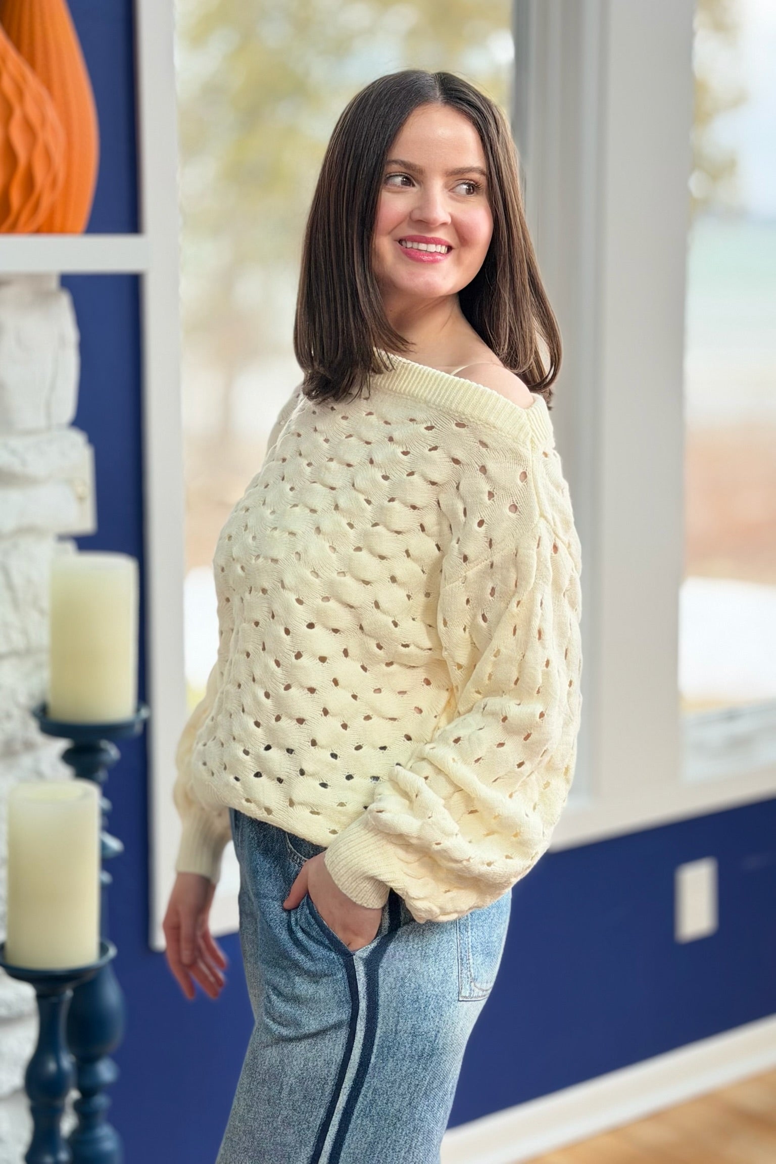 Wide Neck Open Knit Sweater - Natural