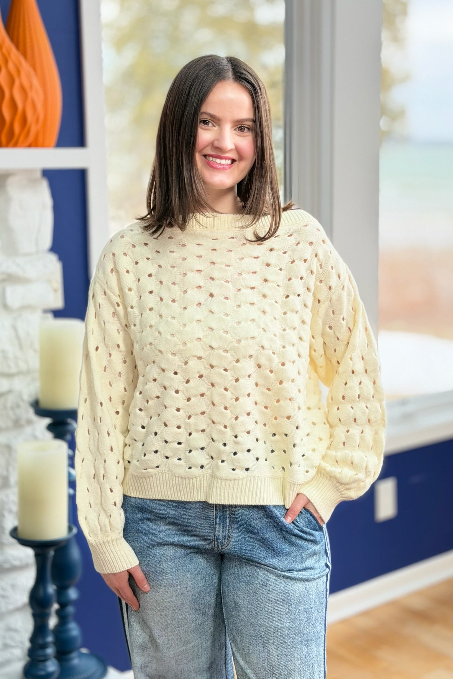 Wide Neck Open Knit Sweater - Natural