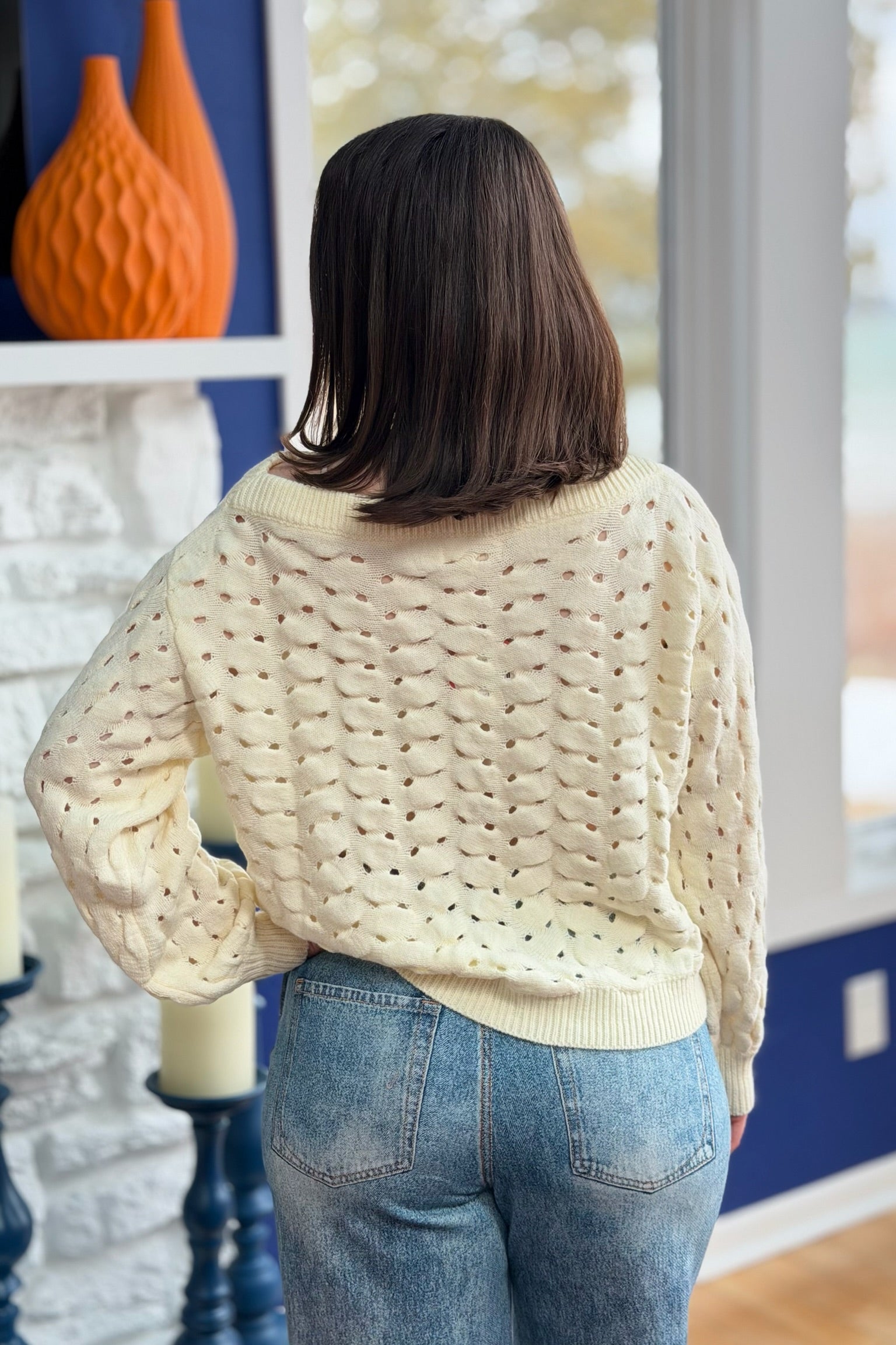 Wide Neck Open Knit Sweater - Natural