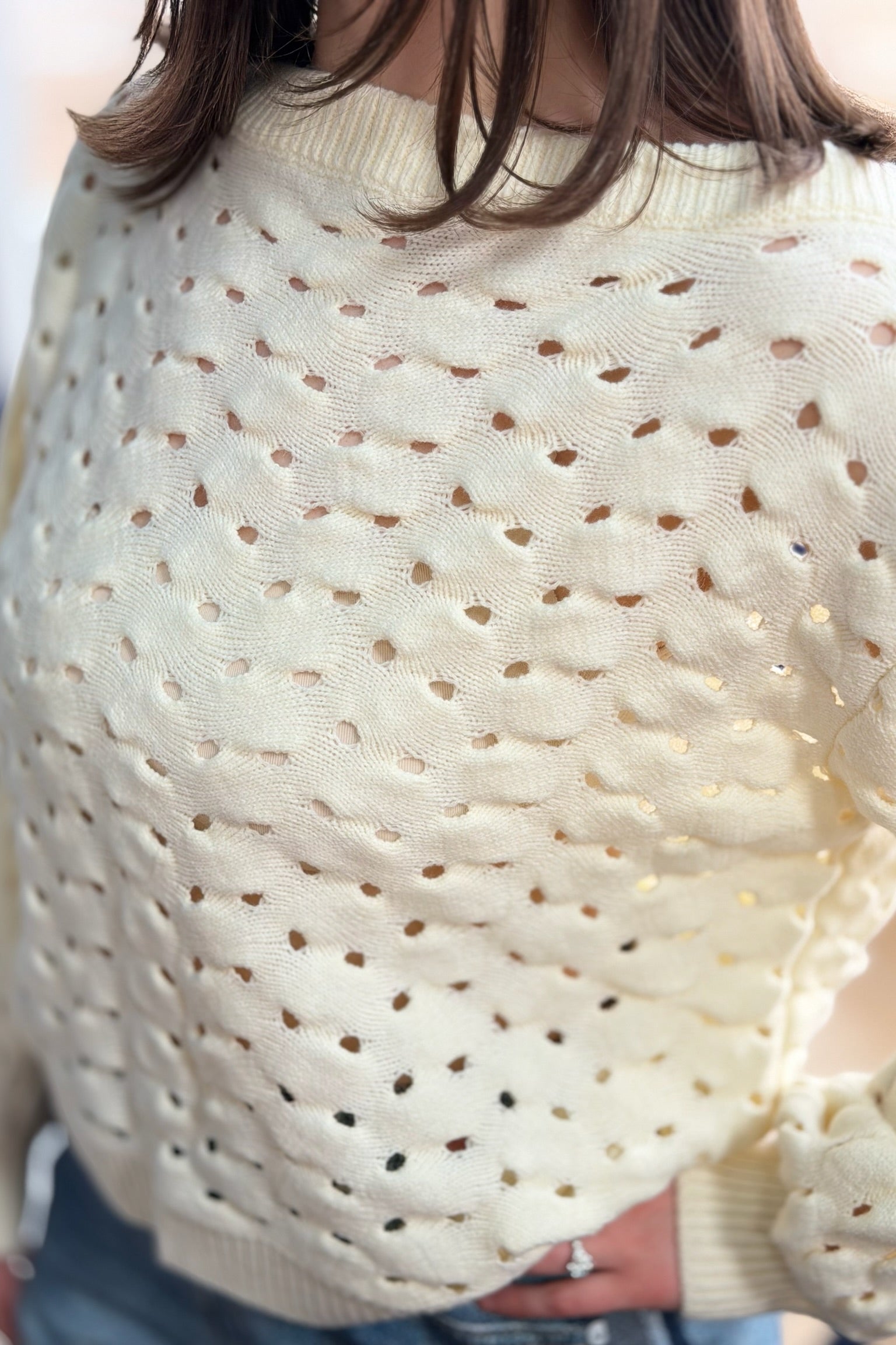Wide Neck Open Knit Sweater - Natural