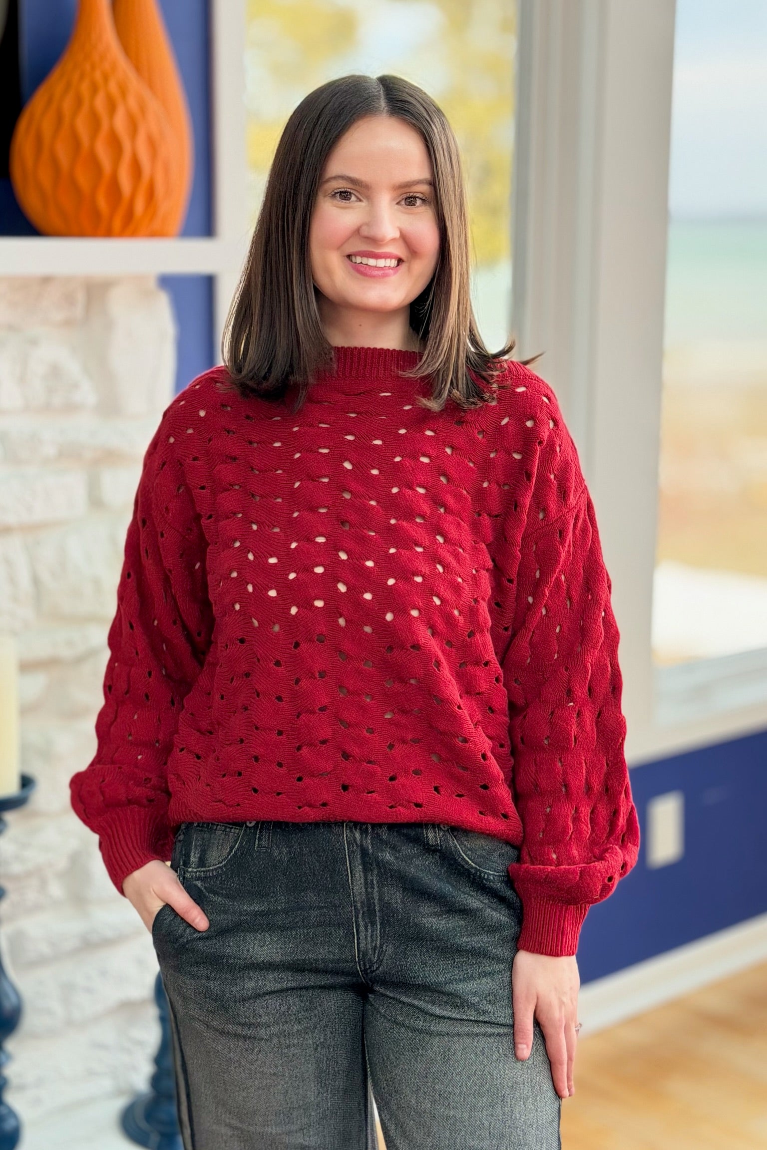 Wide Neck Open Knit Sweater - Red