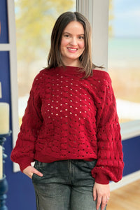 Wide Neck Open Knit Sweater - Red