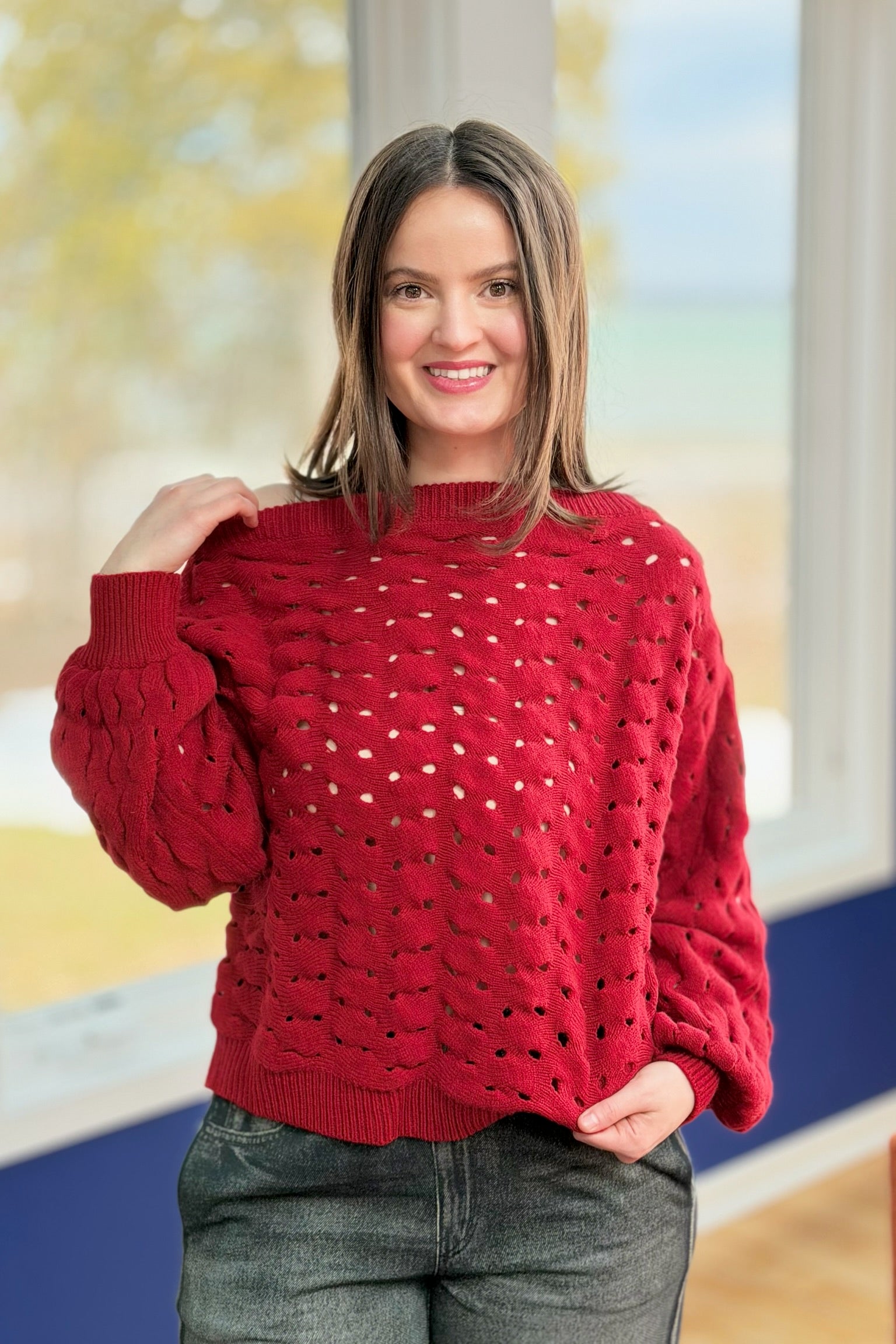 Wide Neck Open Knit Sweater - Red
