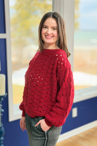 Wide Neck Open Knit Sweater - Red
